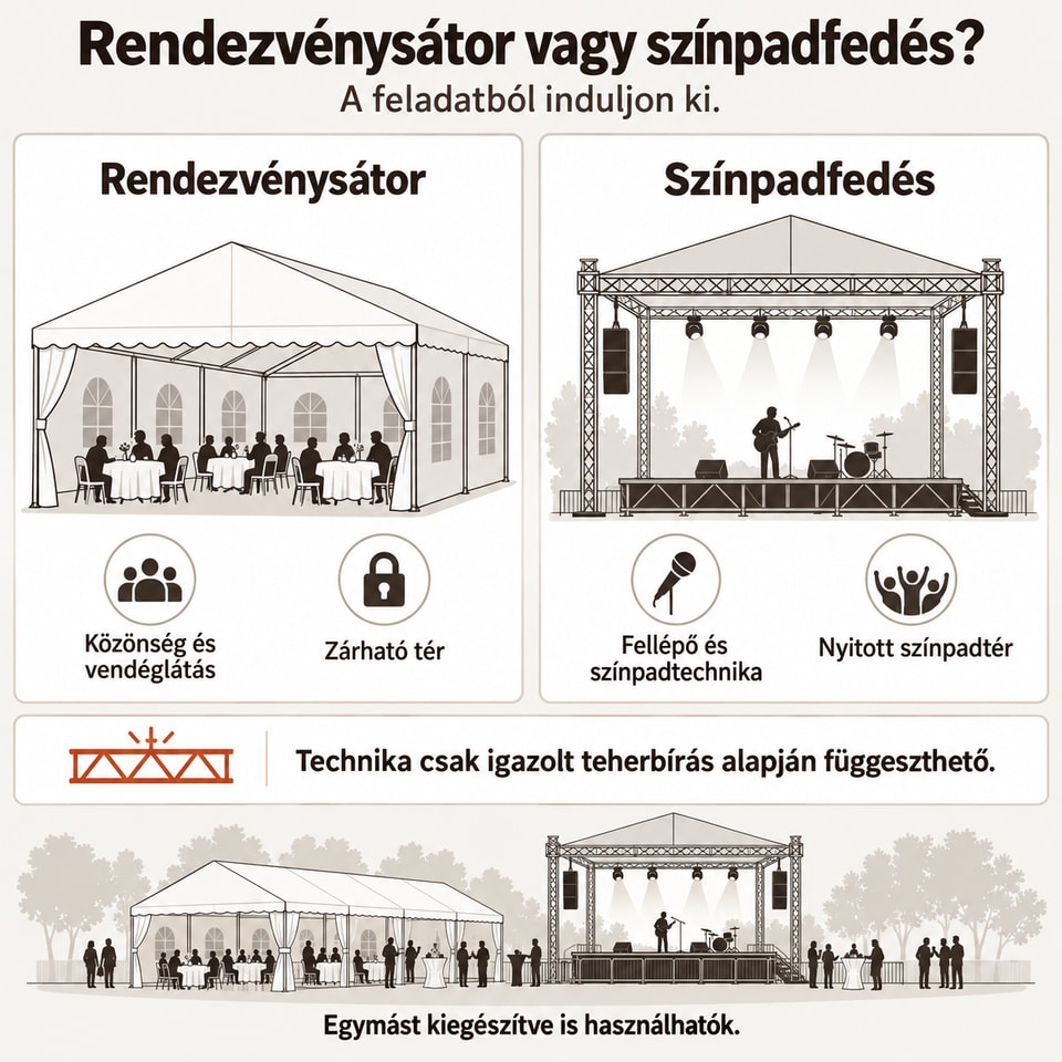 Összehasonlító ábra: a rendezvénysátor a közönséget és a vendéglátást védi, zárható tér; a színpadfedés a fellépőt és a színpadtechnikát védi, nyitott; technika csak igazolt teherbírás alapján függeszthető