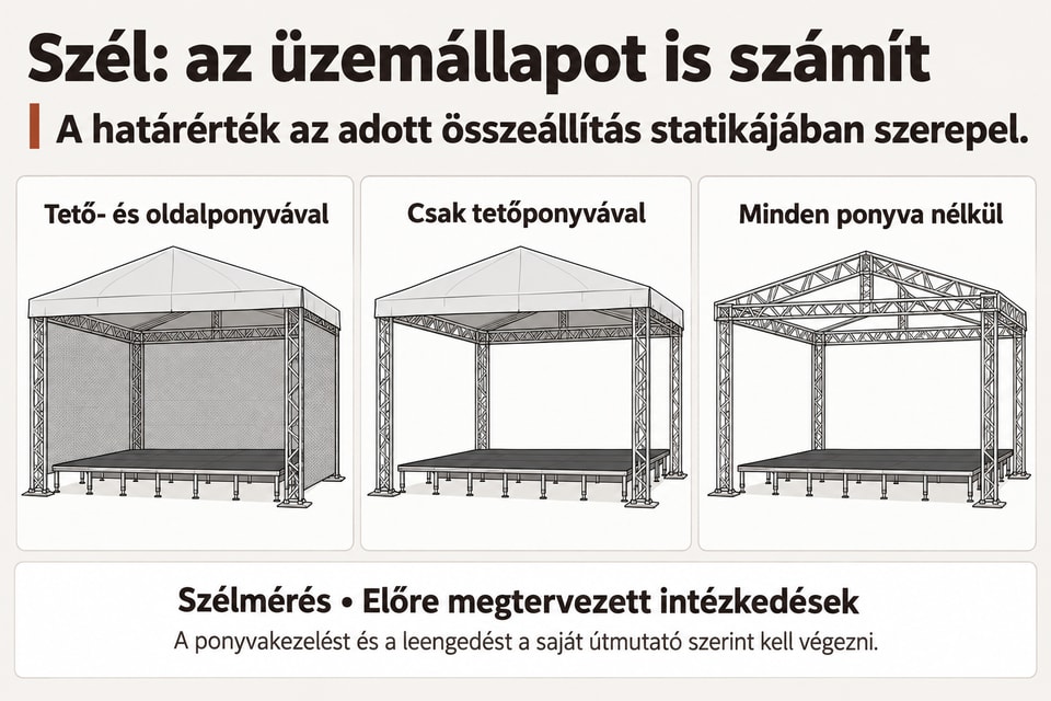 Infografika a szélről: RST fedés tető- és oldalponyvával, csak tetőponyvával és ponyva nélkül; a határérték az adott összeállítás statikájában szerepel, a ponyvakezelést és a leengedést a saját útmutató szerint kell végezni